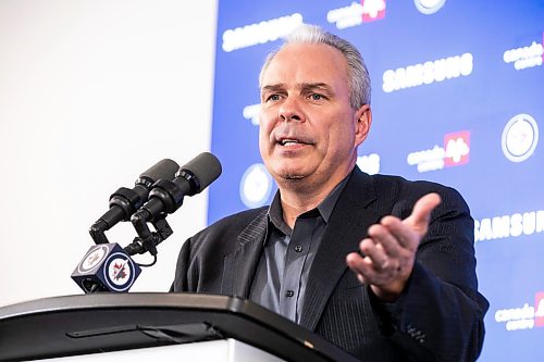 MIKAELA MACKENZIE / FREE PRESS
	

Kevin Cheveldayoff speaks to the media about the Hellebuyck trade on Friday, Oct. 23, 2026.

For Mike story.
Free Press 2026