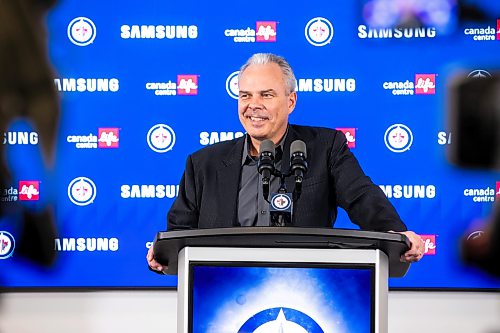 MIKAELA MACKENZIE / FREE PRESS
	

Kevin Cheveldayoff speaks to the media about the Hellebuyck trade on Friday, Oct. 23, 2026.

For Mike story.
Free Press 2026