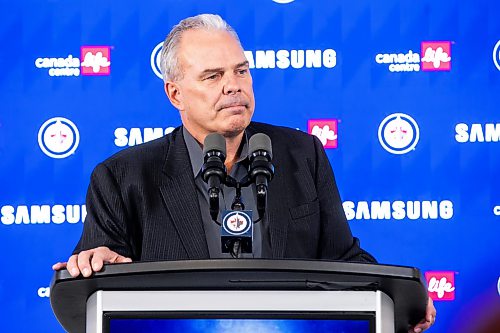MIKAELA MACKENZIE / FREE PRESS
	

Kevin Cheveldayoff speaks to the media about the Hellebuyck trade on Friday, Oct. 23, 2026.

For Mike story.
Free Press 2026