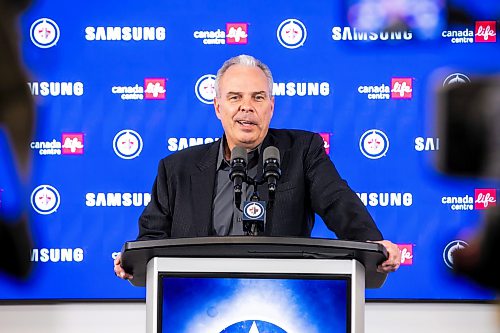 MIKAELA MACKENZIE / FREE PRESS
	

Kevin Cheveldayoff speaks to the media about the Hellebuyck trade on Friday, Oct. 23, 2026.

For Mike story.
Free Press 2026