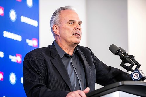 MIKAELA MACKENZIE / FREE PRESS
	

Kevin Cheveldayoff speaks to the media about the Hellebuyck trade on Friday, Oct. 23, 2026.

For Mike story.
Free Press 2026