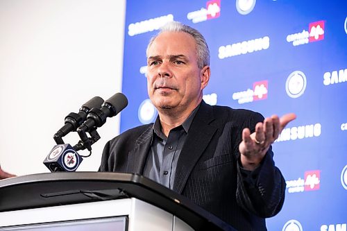 MIKAELA MACKENZIE / FREE PRESS
	

Kevin Cheveldayoff speaks to the media about the Hellebuyck trade on Friday, Oct. 23, 2026.

For Mike story.
Free Press 2026