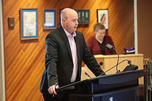 BDO Canada LLP manager Jarett Kowaluk presents an audit of the Brandon School Division's financial statements to the school board on Monday evening. (Abiola Odutola/The Brandon Sun)