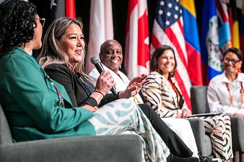 MIKAELA MACKENZIE / FREE PRESS
Michelle Cameron speaks during a panel discussion at the World Indigenous Business Forum at the RBC Convention Centre on Tuesday, Oct. 27, 2026.
For Aaron story.
Free Press 2026