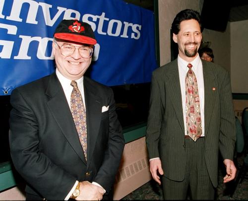 Investors vice pres terry wright, left and alan ahac, pres of volleyball Canada announced jan 11.97 that with financial help from investord group the mens and womens national teams will be based in Winnipeg--  jan 11.976--joe bryksa-- winnipeg free press