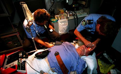 Local- 1994 file photo of Emergency Medical Technician, left, and parametic working on a heart attack victim  in ambulance while on route to hospital- *** 1994 file photo- Joe Bryksa- Winnipeg Free Press