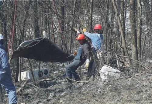 wfp101--winnipeg--transcanada pipeline workers remove a section of from bush along the lasalle river where it landed after explosion yesterday----april 16/96----phil hossack--winnipeg free press