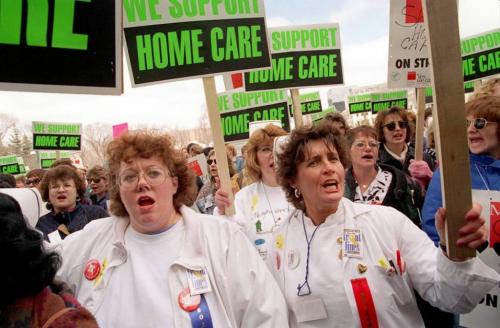 Local- Government Home Care Workers and supporters Hold Large noontime demonstration at The Legislative Bldg.- Government Home Care supporters voice opposition to the PC government's decision to privatize home care (Krueger story). Jeff De Booy photo. Apr.22nd/96. winnipeg free press