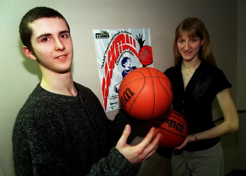 Sports- 1998 AAAA High School Basketball Championships Press Conference- Mariej Mikulec (L) of The Jeanne-Sauve Olympiens, Andrea Wilkie of The Oak Park Raiders, promote championships (Harder story). Jeff De Booy photo. Mar.17th/1998.