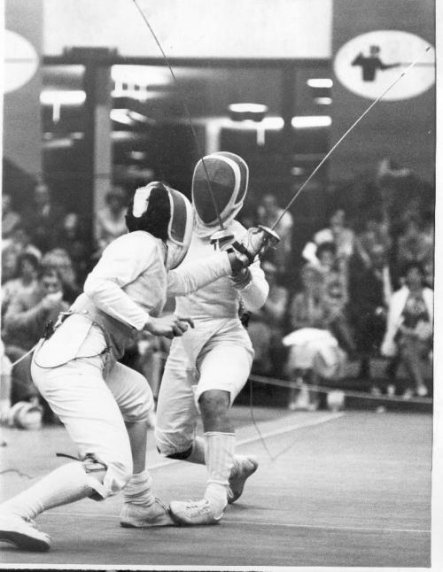 Winnipeg, August 2, 1967. This is a file photo of a fencing match during 1967 Pan Am Games. No IDs for competitors in photo. Information lost. Winnipeg Free Press file photo.