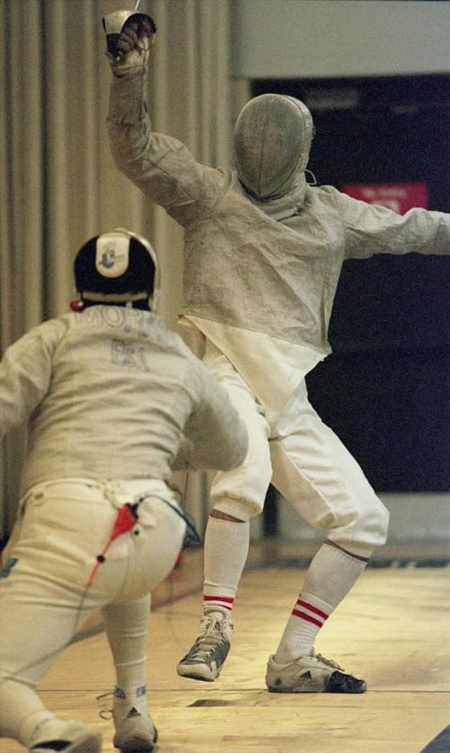 JEFF DE BOOY / WINNIPEG FREE PRESS Pan Am- Fencing, Men's Individual Sabre, Maples Complex- Canada's Evens Gravel in his match with ESA's M. Flores Moran. Aug.5th/1999.