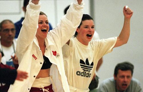 JEFF DE BOOY / WINNIPEG FREE PRESS Pan Am- Fencing, Maples Complex- Canada's Women's Team Epee Guaranteed of Silver After Beating Team USA- Canada's Monique Kavelaars (L) and Heather Landymore react as teammate Sherrine Schalm beats USA. Aug.5th/1999.