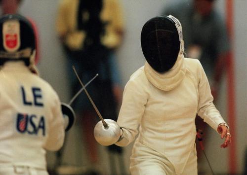 JEFF DE BOOY / WINNIPEG FREE PRESS Pan Am- Fencing, Maples Complex- Canada's Women's Team Epee Guaranteed of Silver After Beating Team USA- Canada's Monique Kavelaars up against USA's L. Nhi Le. Aug.5th/1999.