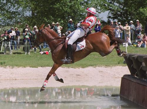 Canadian three-day eventer Kyle Carter and his horse Scotia Gold Rush handle the water jump known as The Portage during the cross-country portion of the three-day eventing at Birds Hill Provincial Park Sunday afternoon during the Pan Am Games. Carter has a chance at winning the bronze on Monday. (KITTIE WONG/WINNIPEG FREE PRESS)