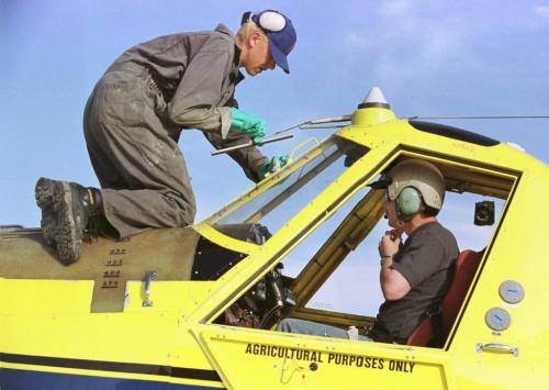 July 7, 1999--Portage la Prairie, MB--Jason Giercke (left) cleans bugs off the windshield for pilot Clive Scott (right), of Edmonton, while chemicals are loaded into the plane. Scott works of Jonair during the peak spraying season. Photo by Fred Greenslade
