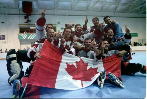 Canadian players celebrate after defeating United States 7-6 in their final roller hockey game against Canada, Tuesday, July 26, 1999  in Winnipeg, Manitoba, Canada. The United States lost 7-6 and won the silver medal.  BRUCE RAPINCHUK/WINNIPEG FREE PRESS