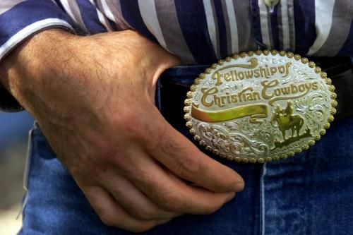 June 6, 1999--Shoal Lake, MB--Terry Baker, director of Fellowship of Christian Cowboys, with his belt buckle. The fellowship conducted a Sunday church service in Shoal Lake during a high school rodeo. Photo by Fred Greenslade