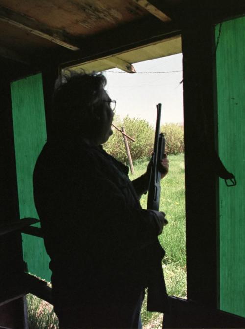 May 27, 1999--Rossburn, MB--"Bank Robber" looks out of farmhouse after "shooting" and RCMP officer during exercises in the Rossburn area Thursday. RCMP from around the province are currently on two day exercises near Rossburn. Photo by Fred Greenslade