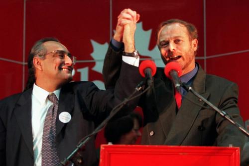 CP PHOTO WPG OUT WFP103- new Provincial Liberal Leader Don Gerrard (right) is congratulated by runner up Jerry Fontaine {left) in a gesture of party unity  on stage togeather after the votes were counted-ken gigliotti oct 17 1998 WINNIPEG FREE PRESS